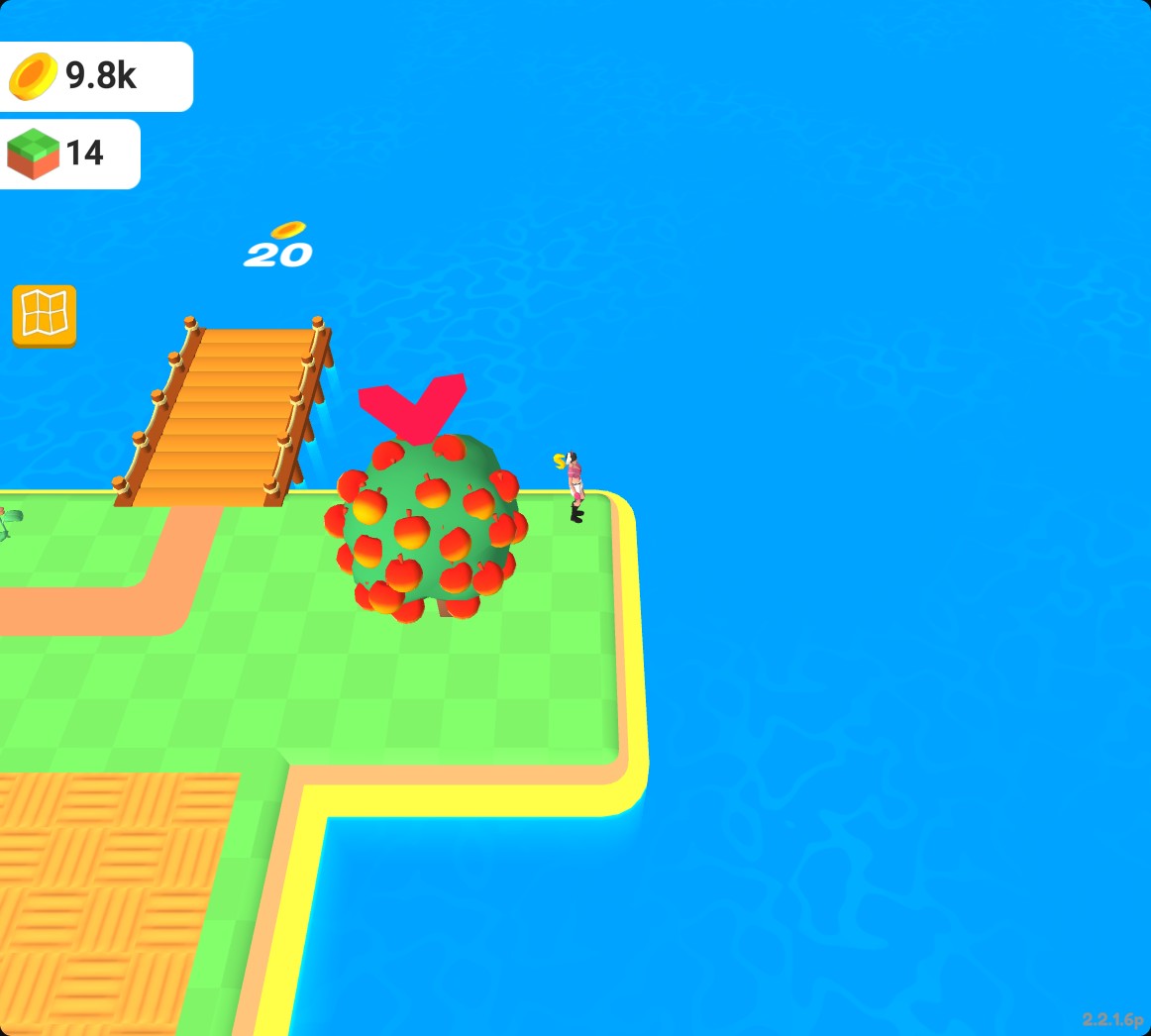 Farm Land with newly opened apple-tree land and a bridge, 14 land tiles and about 9.8K coins.