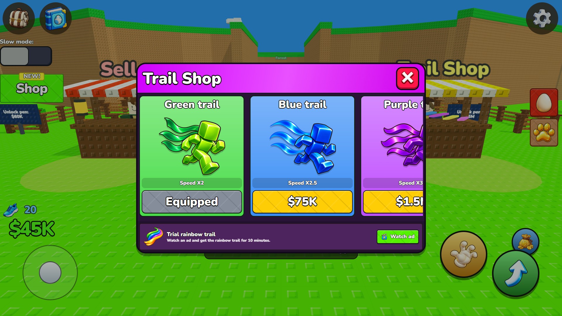 Green trail marked Equipped in The Egg Stealing Master with$45K remaining after a$5K purchase.