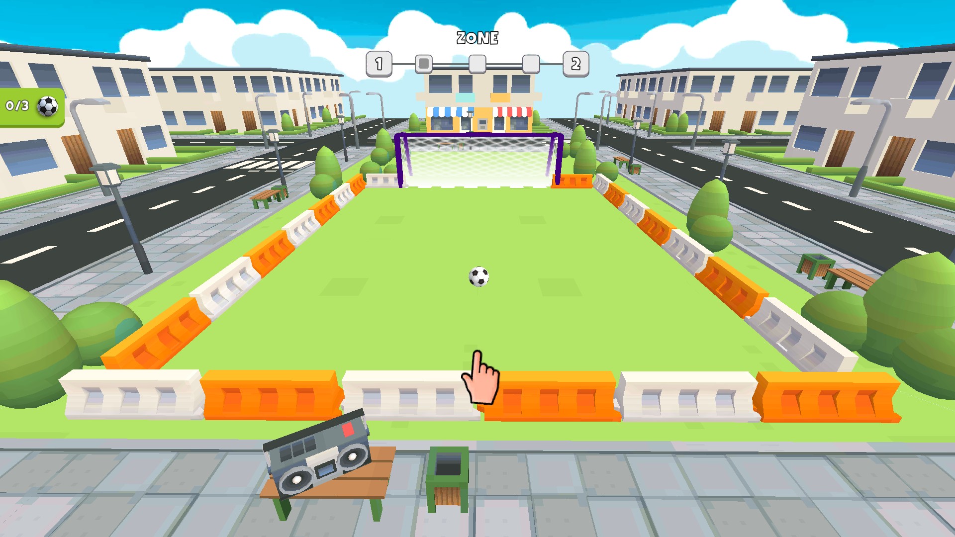 The football is back at its starting point facing the goal in Crazy Kick!.