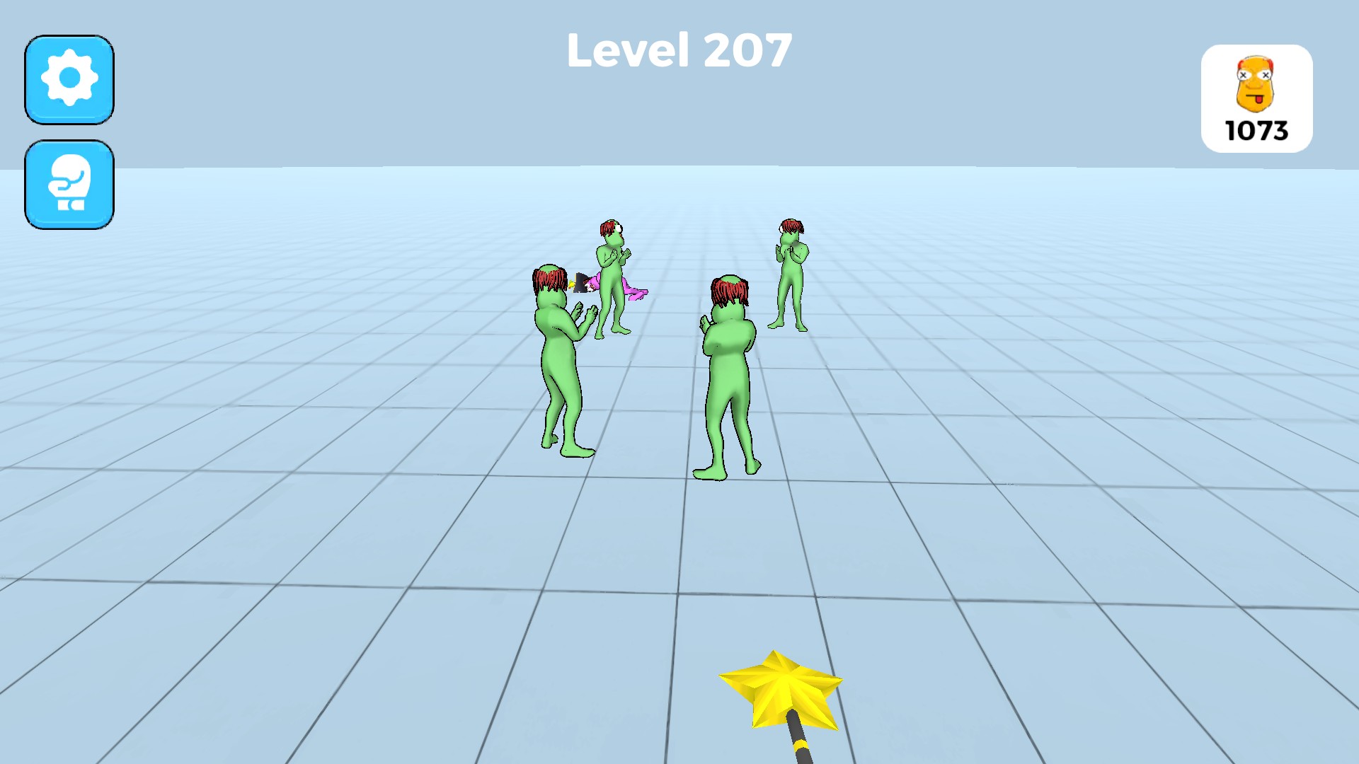 Gold star-tipped Magic Wand facing a group of puppets, with the level label and punch counter visible.