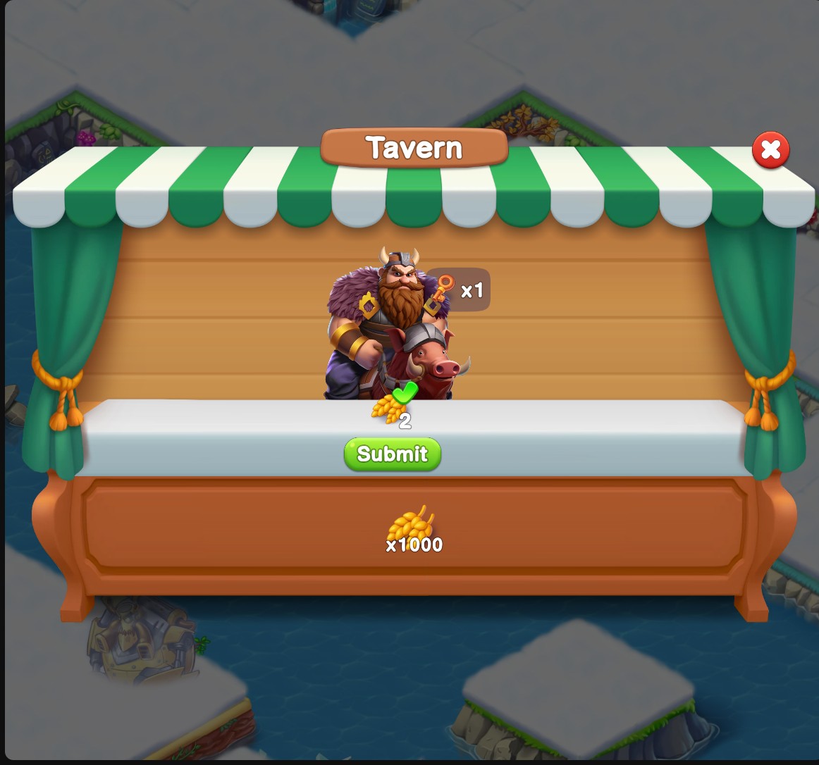 Mergest Kingdom tavern showing 1000 harvested wheat and an order costing two wheat.