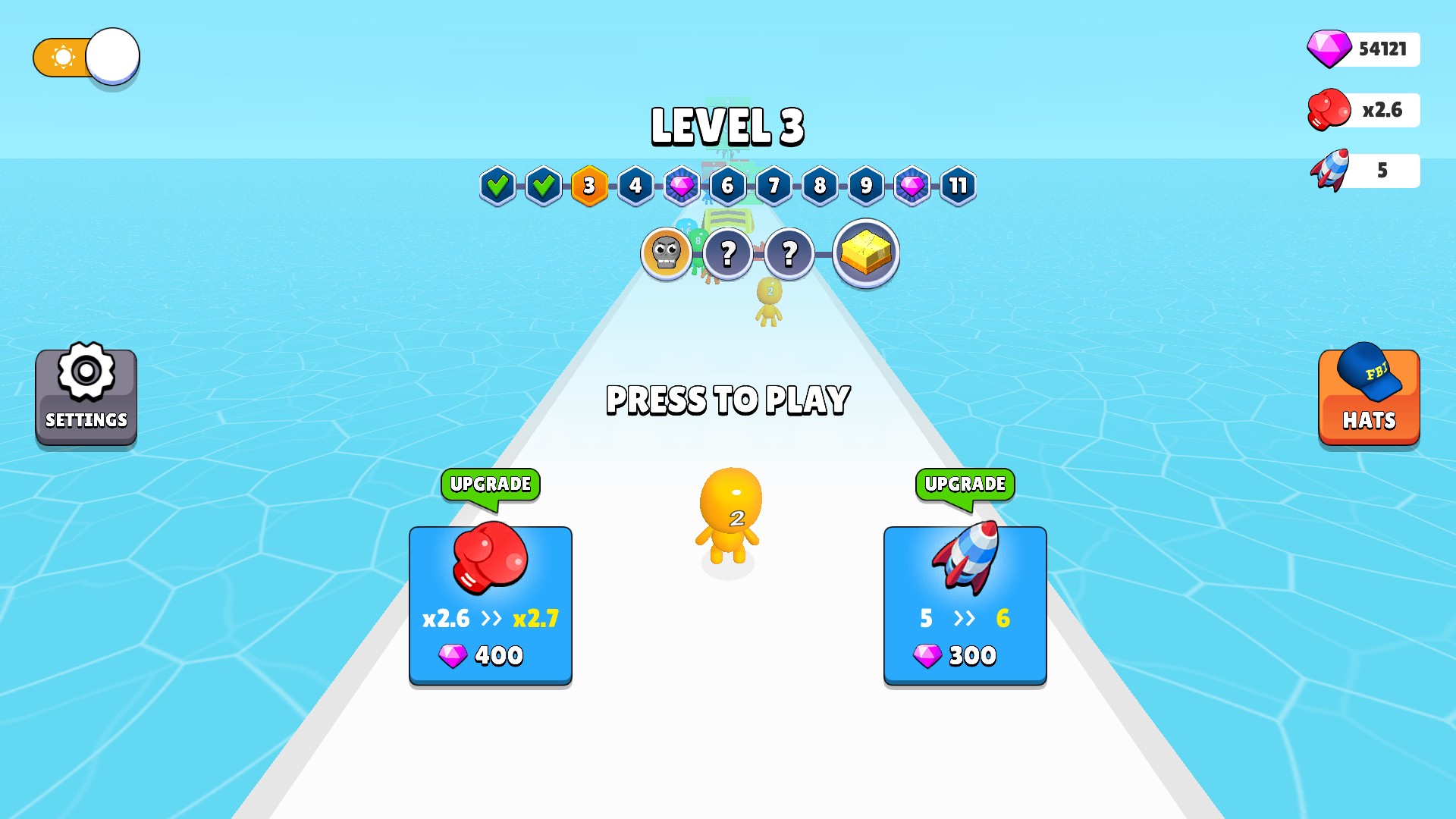 Man Runner 2048 menu showing 54,121 gems, x2.6 damage and 5 rockets.