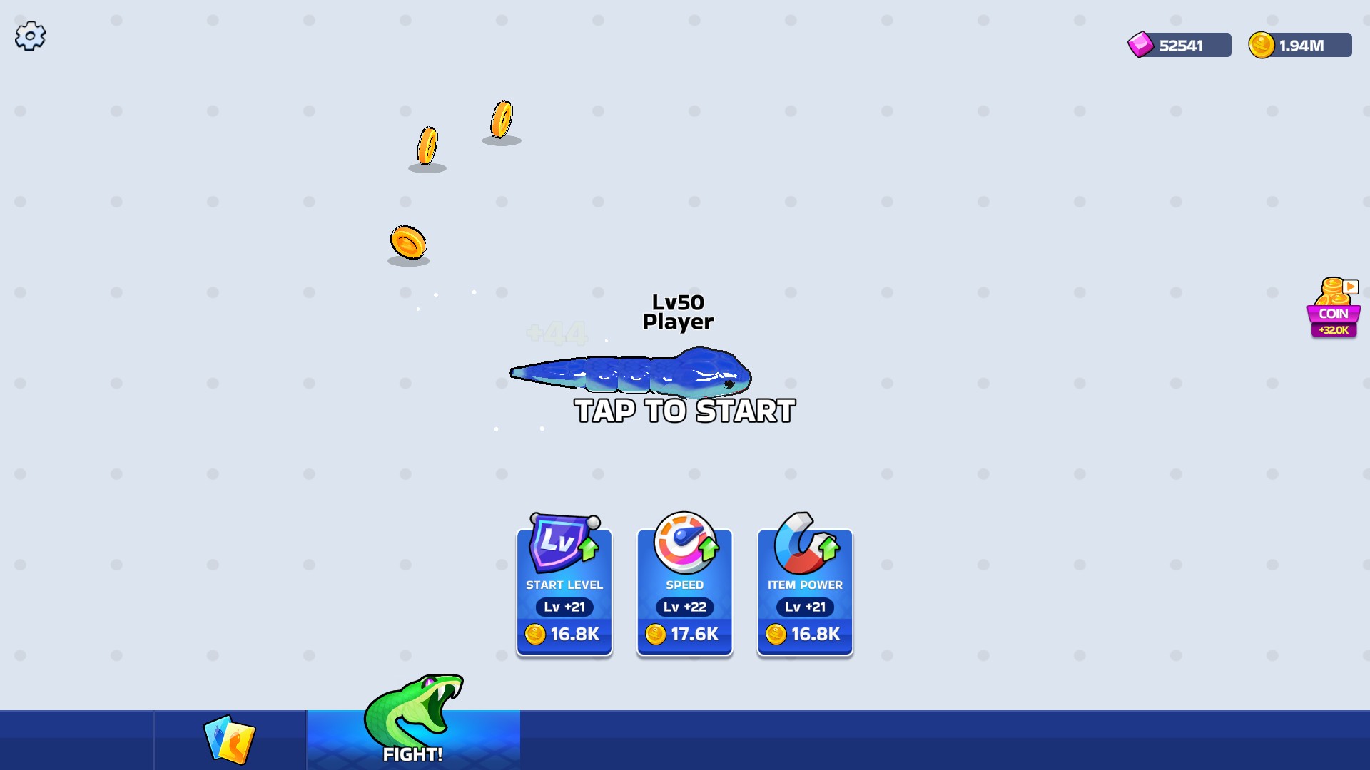 Snake Clash starting screen with a 1.94M coin balance and the three upgrade cards.