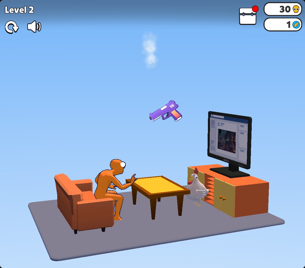Purple pistol in the air above a table after firing in Level 2, with one shot shown on the counter.