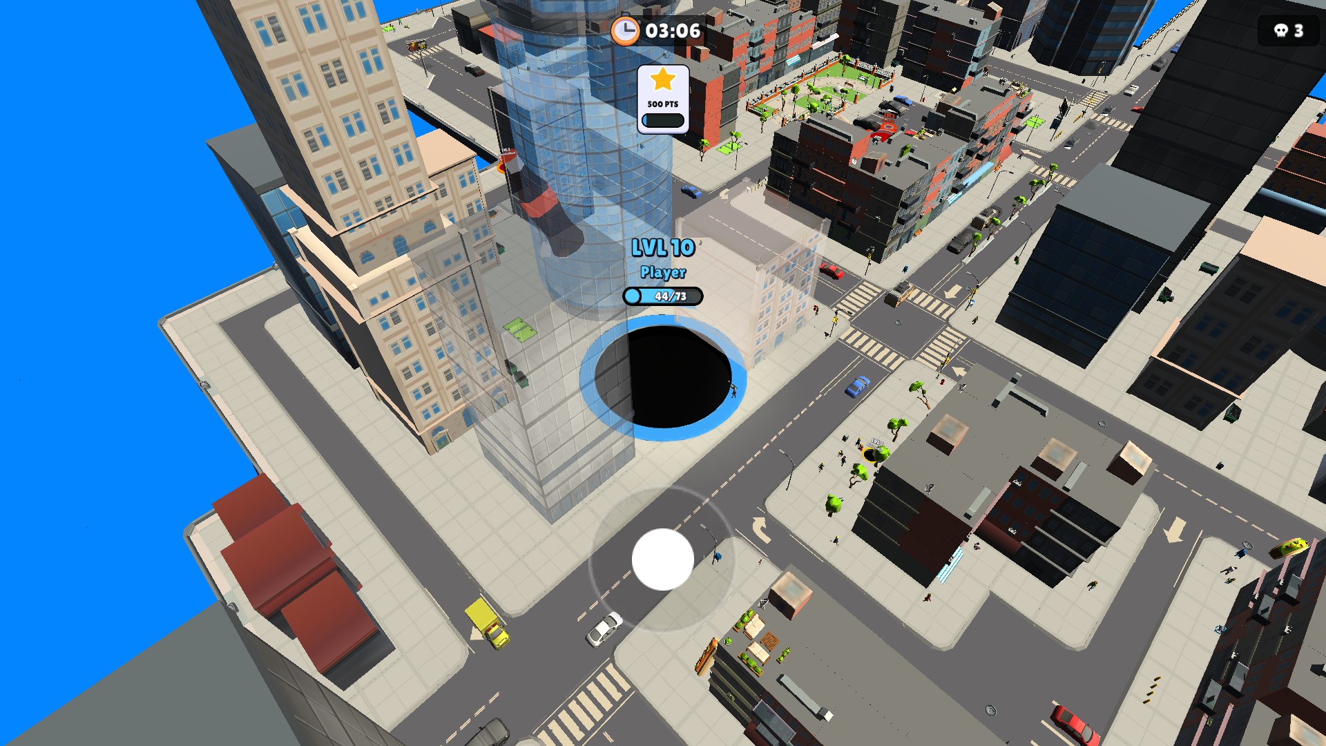 A large blue level-10 player hole beneath a city tower in Hole.io, with the round timer and progress bar visible.