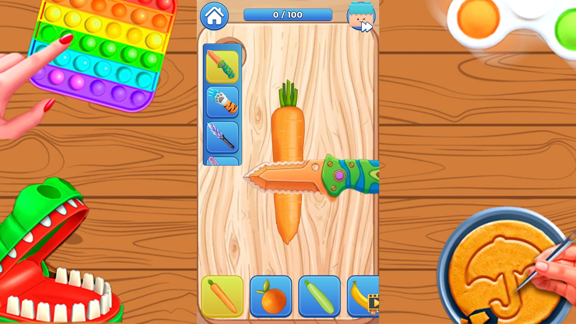 An uncut carrot and colorful knife in ASMR Cutting, with progress at zero.