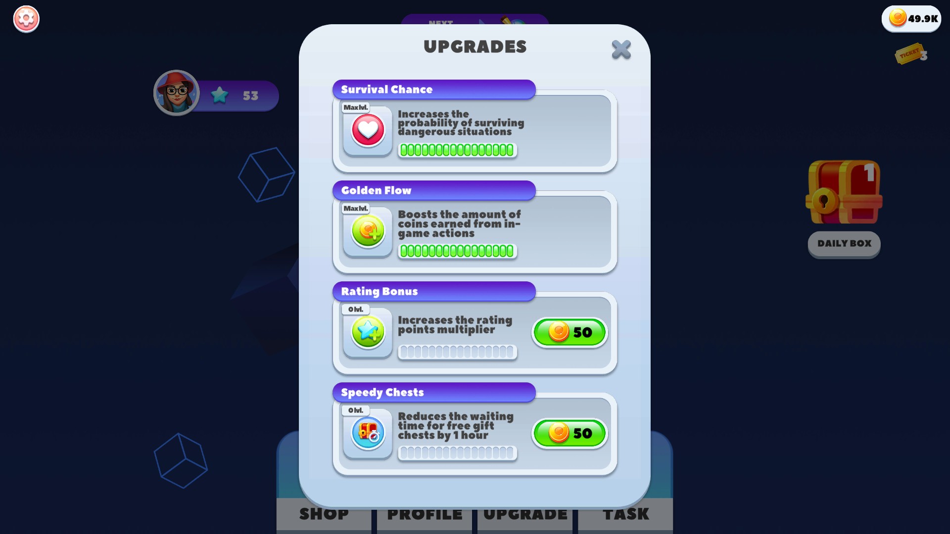 Upgrade menu with Golden Flow at Max level.