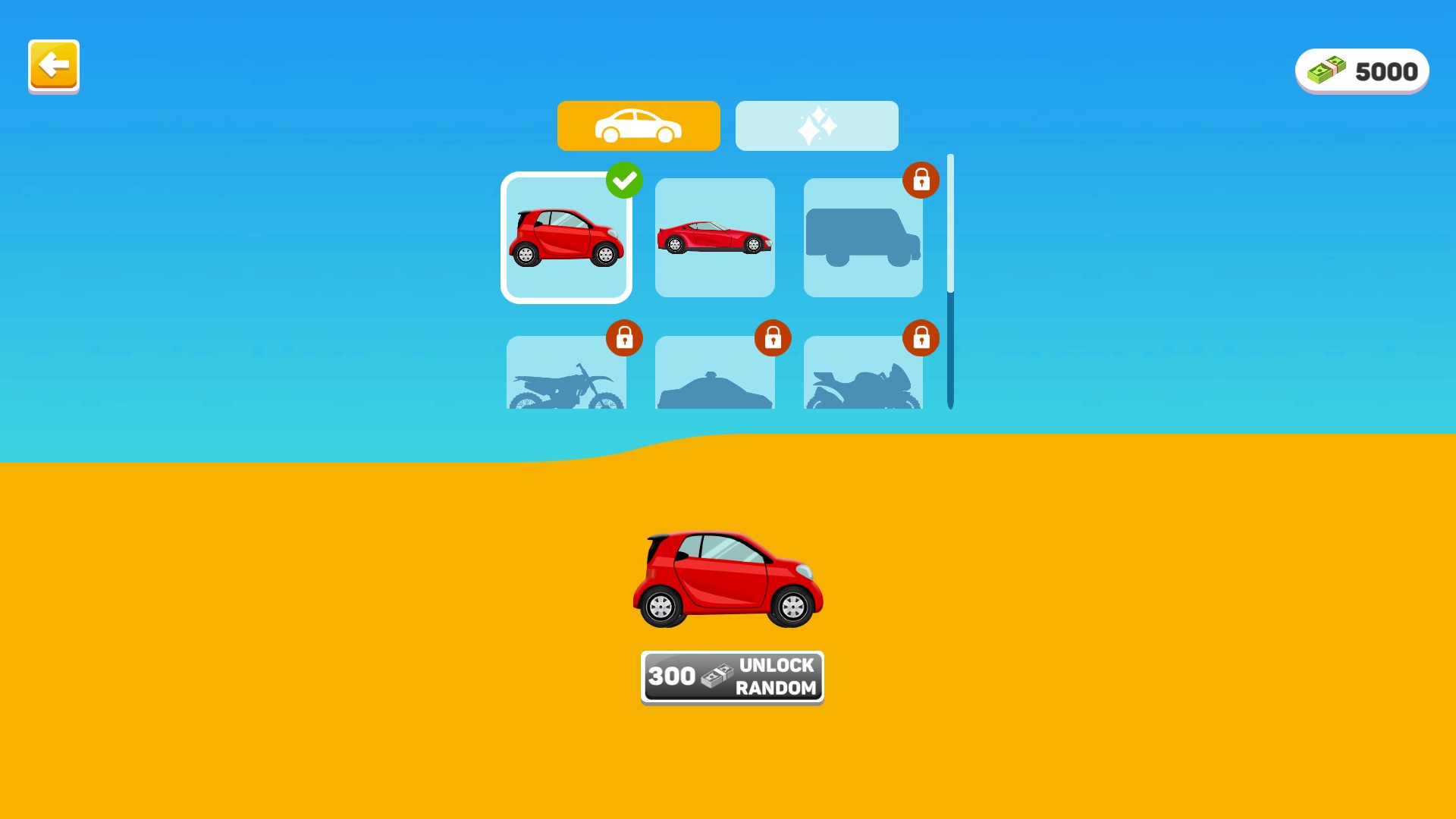 Vehicle shop with the second red sports car tile unlocked and the starting car selected.