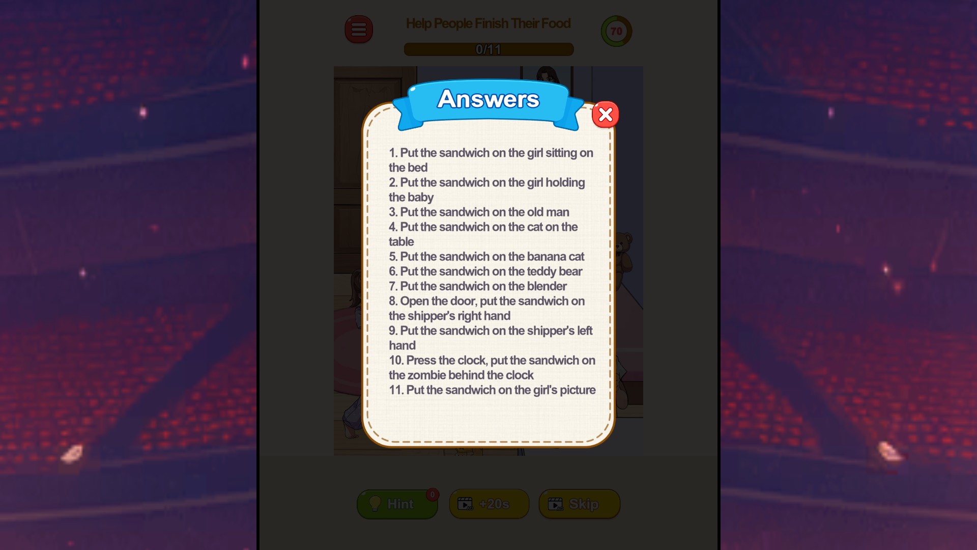 An Answers panel lists eleven steps for the food puzzle.