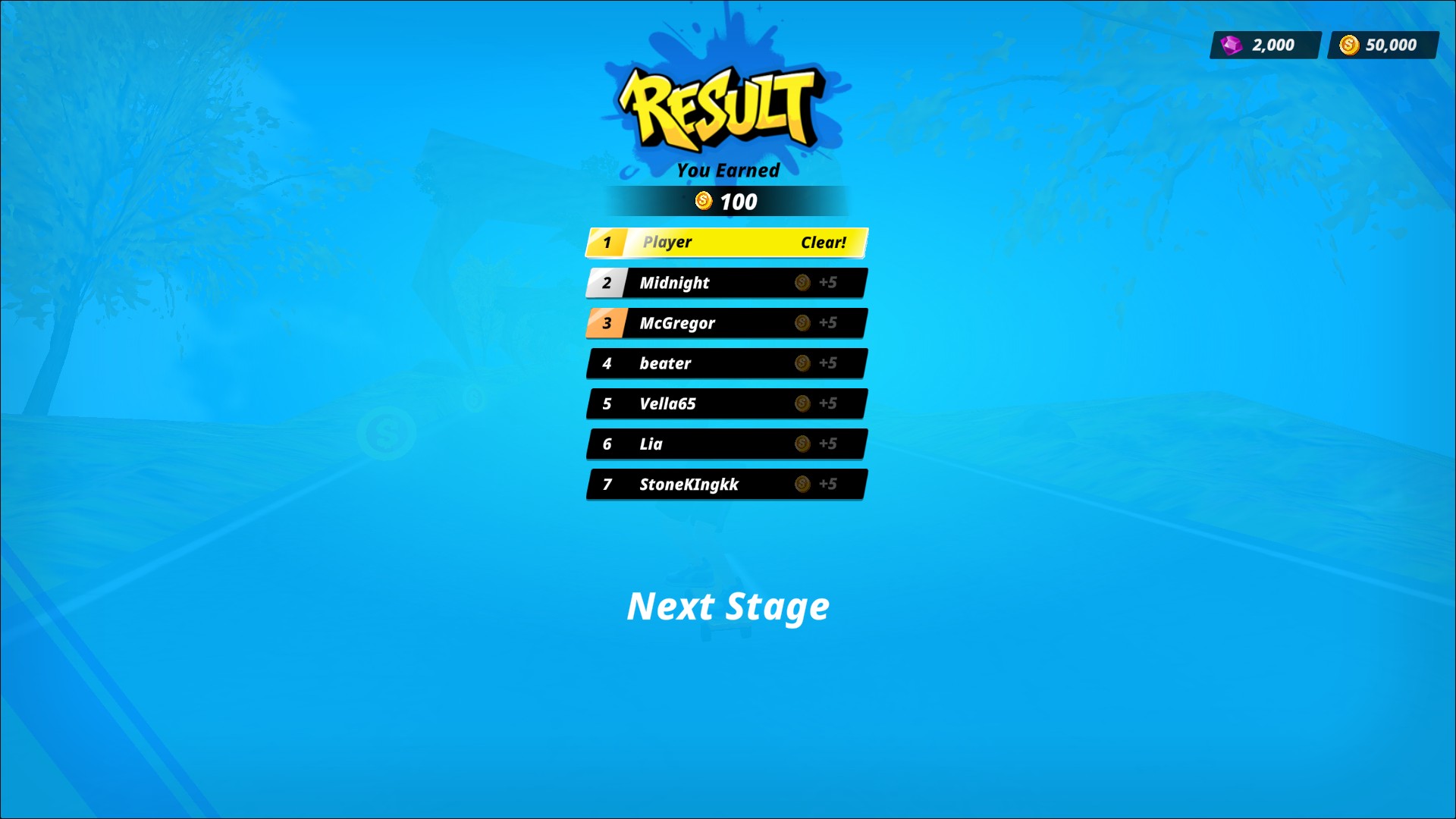 Downhill Racer result wallet displaying 50,000 coins and 2,000 gems.
