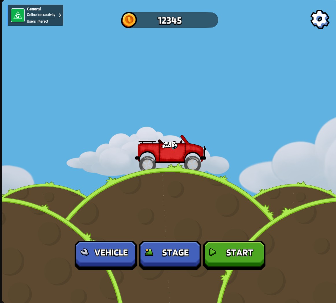 Hill Climb Racing Lite main menu with the red Hill Climber and 12,345 coins.