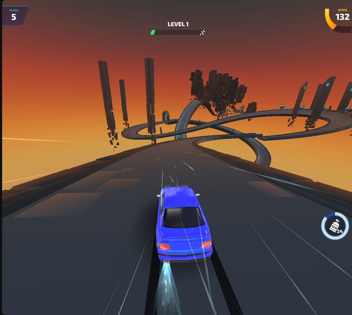 A blue car using nitro on Race Rush 3D's raised track, with blue exhaust and 24 charges remaining.