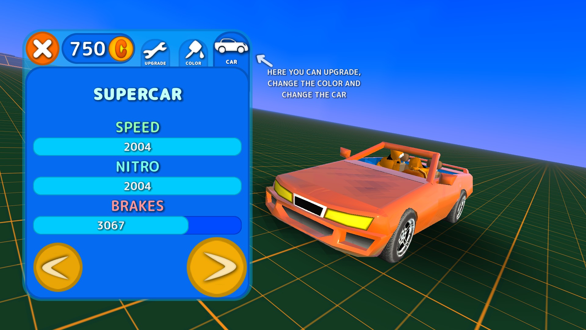 An orange Supercar is available in the garage without a purchase prompt.