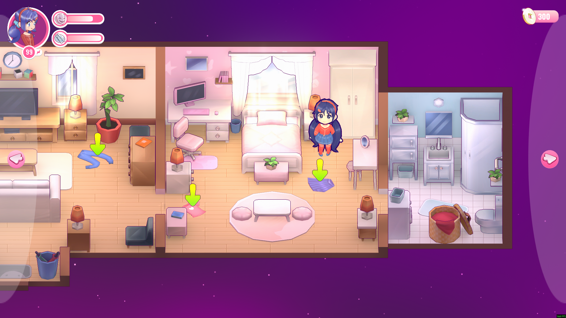 The demo's furnished phone-game house with 99 energy at the top left and 300 coins at the top right.