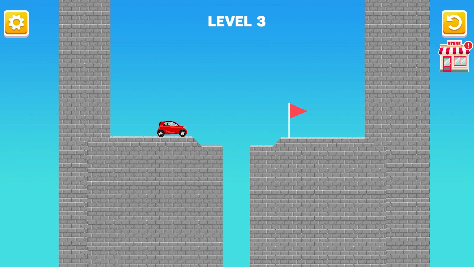 Draw Bridge Level 3 with a red car beside a deep gap and a finish flag.