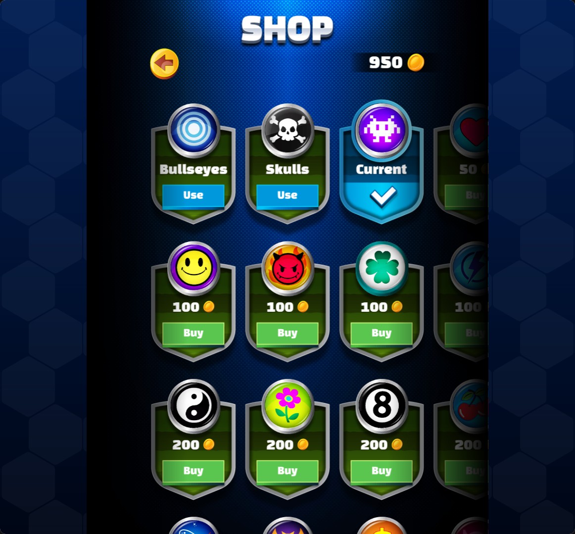 Pocket Champions shop with 950 coins and the purple Invaders puck marked Current.