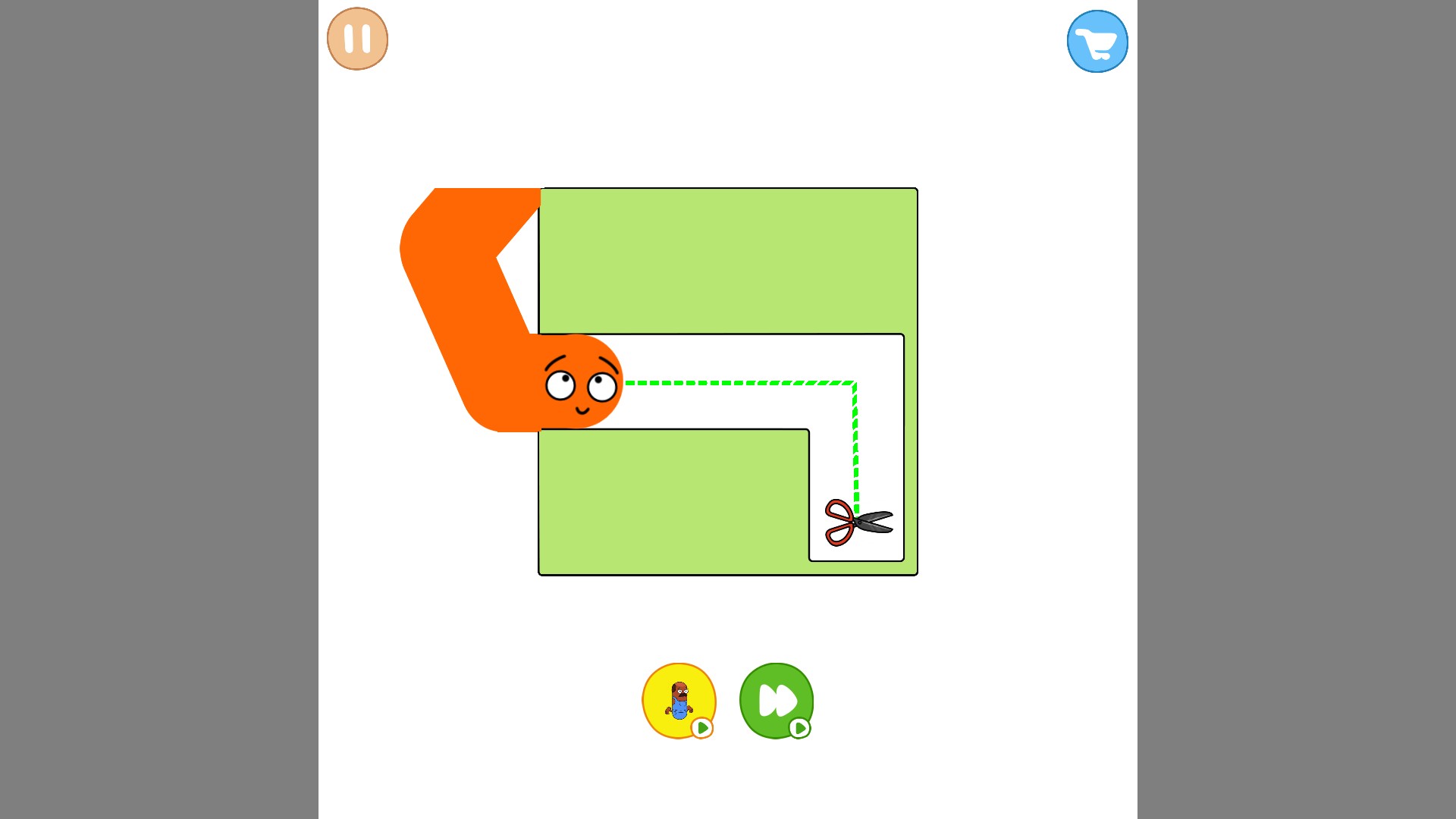 A green dotted line leads from the orange character through the maze to a pair of scissors.