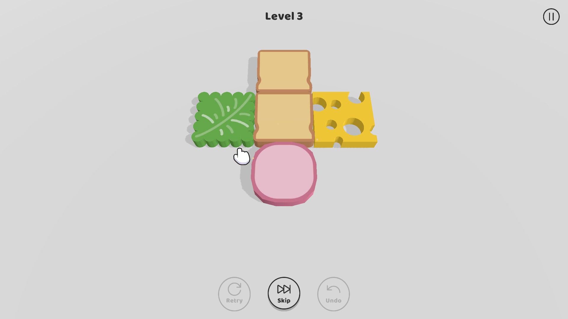 Sandwich's Level 3 board with the onion back below the center slice of bread, lettuce to the left and cheese to the right.