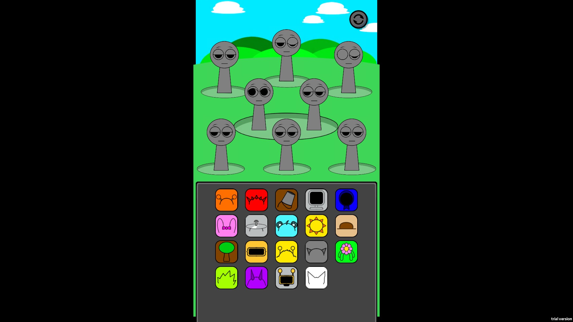 Eight default gray performers and a colorful palette after the current arrangement is cleared.