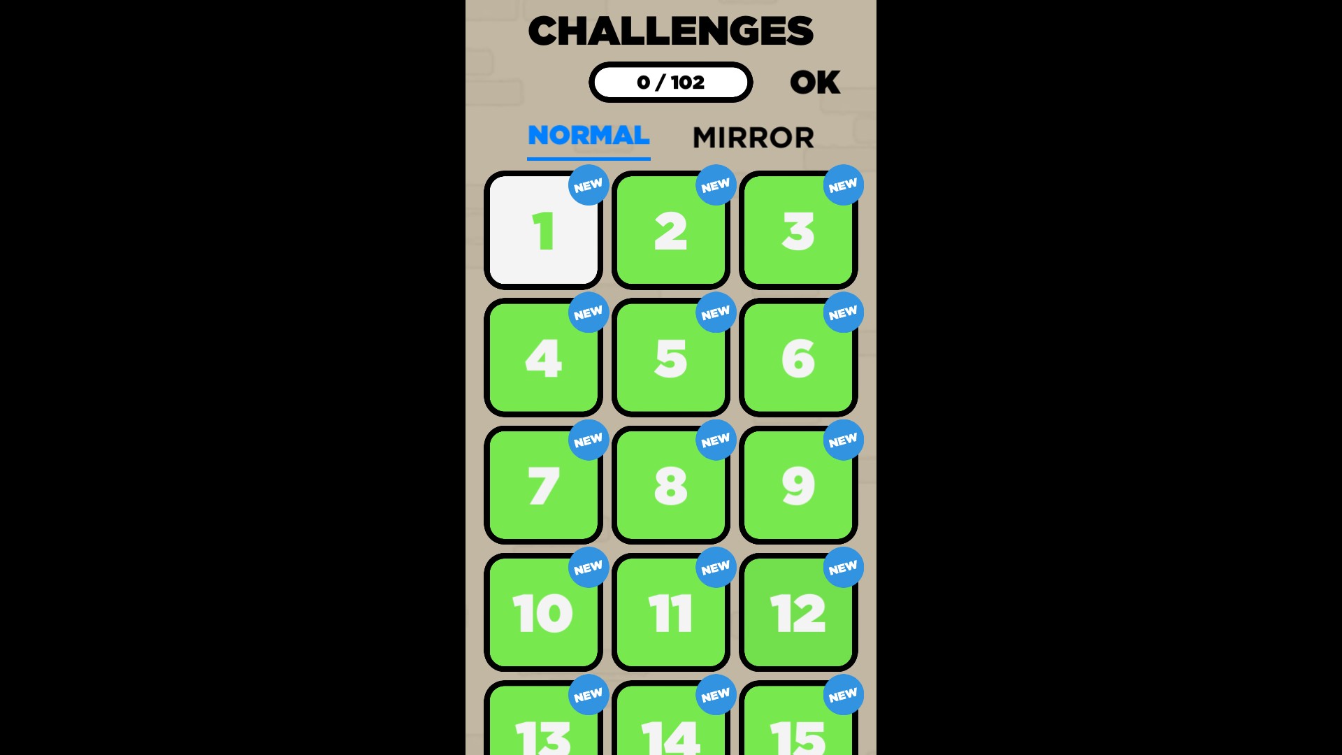Flappy Dunk's Normal challenge menu shows green numbered tiles and a Mirror tab.