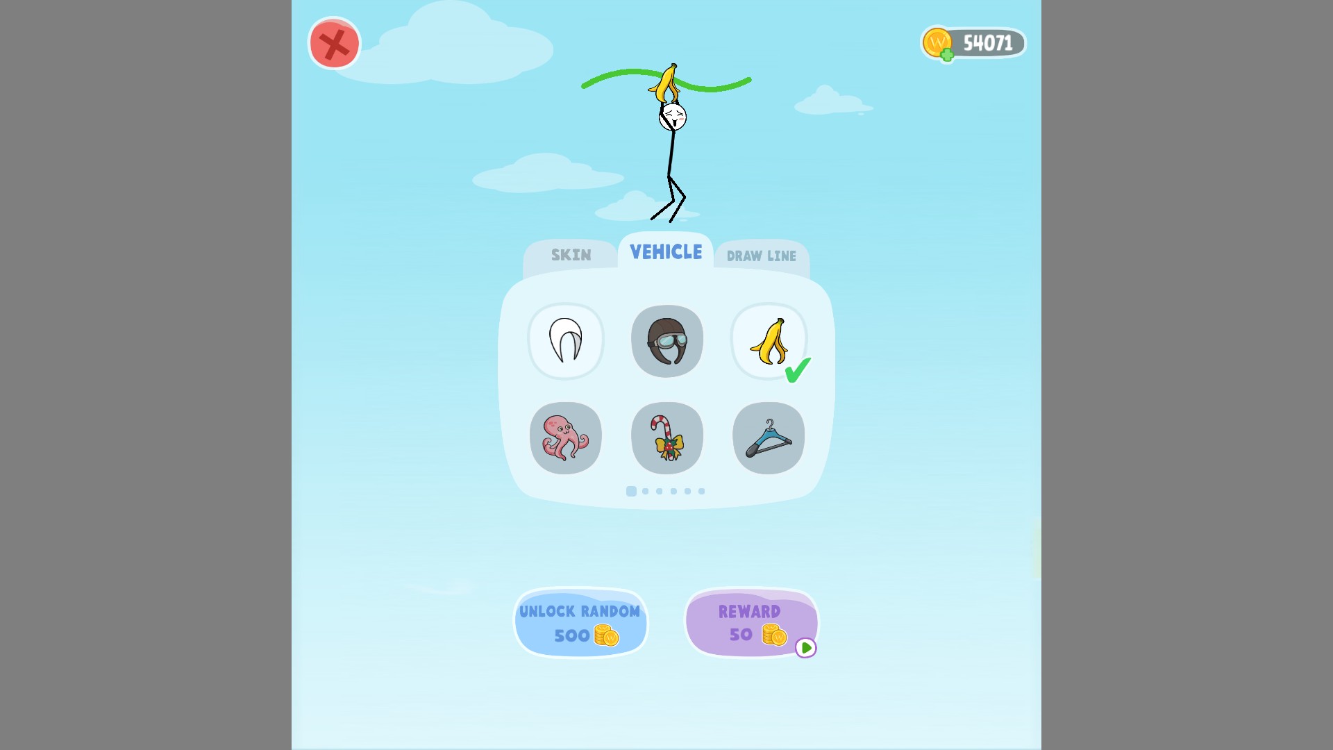 Draw Fly vehicle shop showing54071coins and the unlocked banana vehicle equipped.