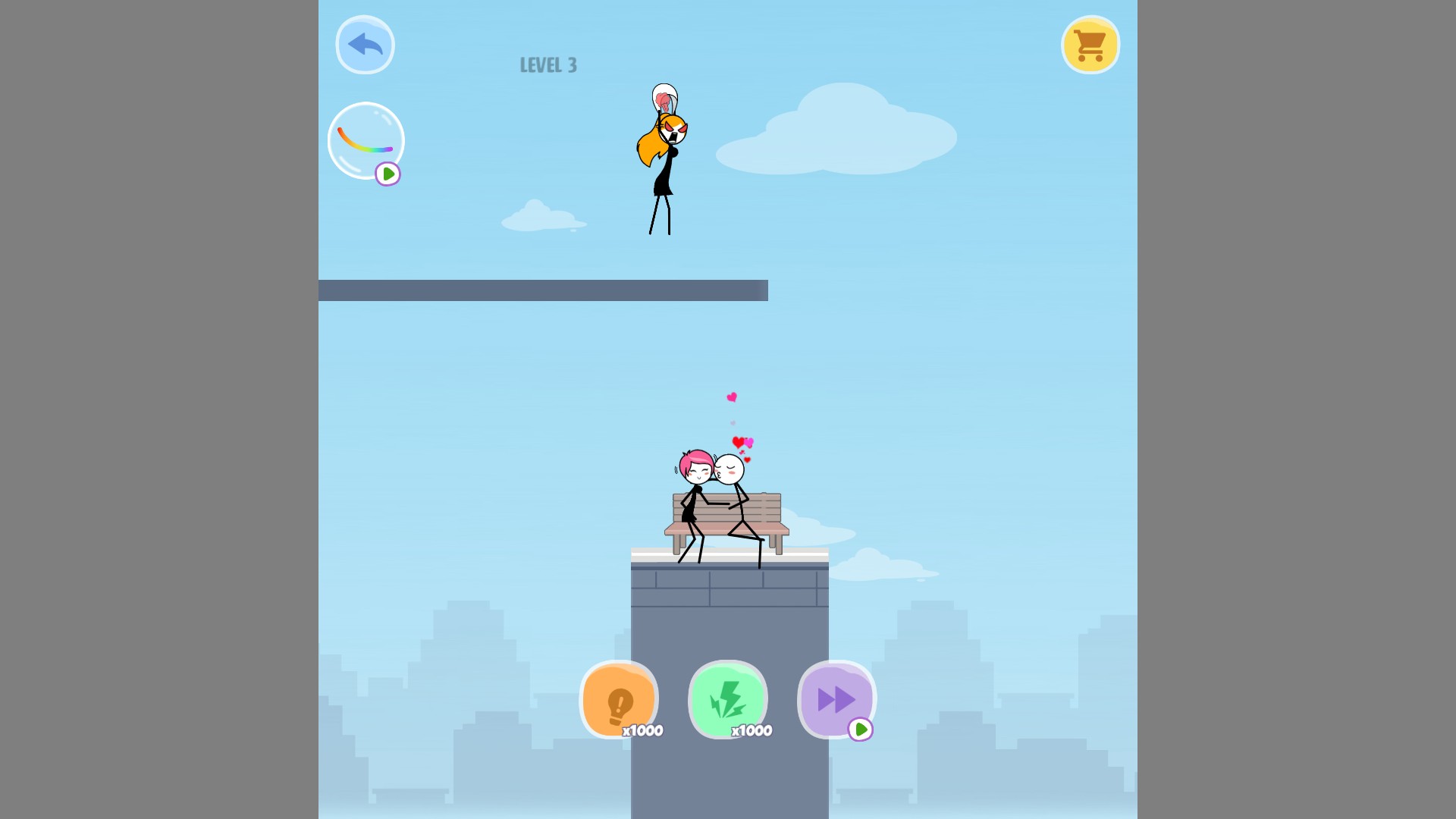 Draw Fly Level3puzzle with a character above a rooftop target after skippingLevel2.