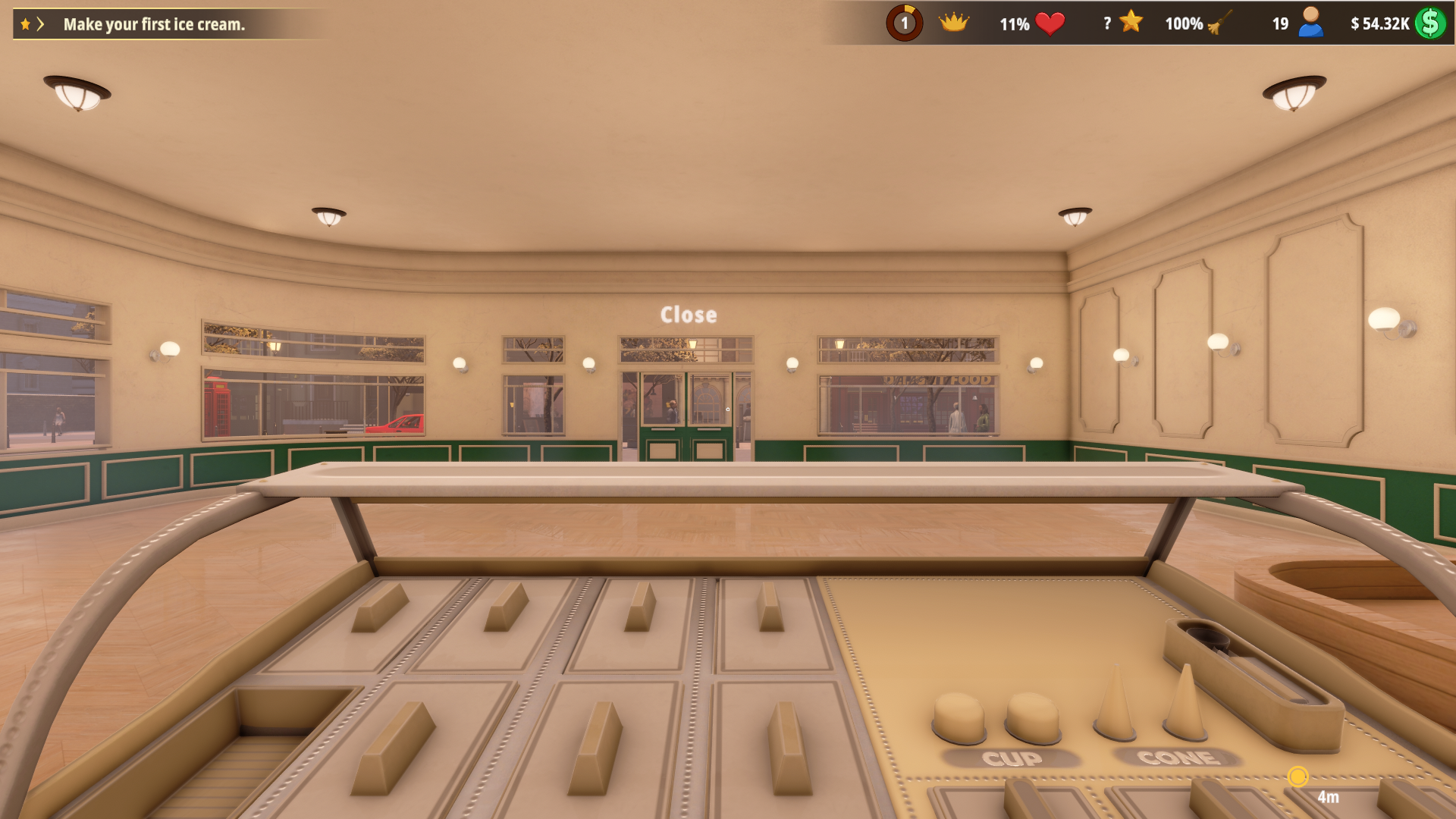 Ice Cream Simulator Demo with 54.32K money displayed above the shop counter.