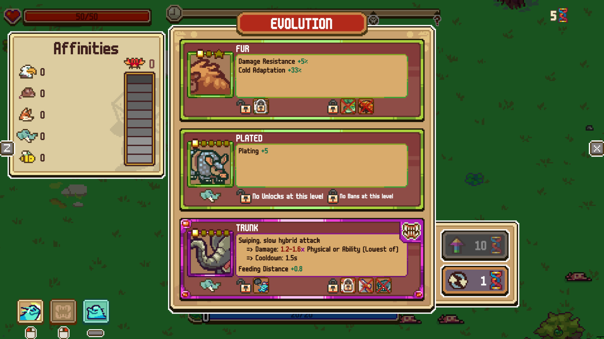 Everything is Crab evolution screen offering Fur, Plated and Trunk, with a full experience bar.