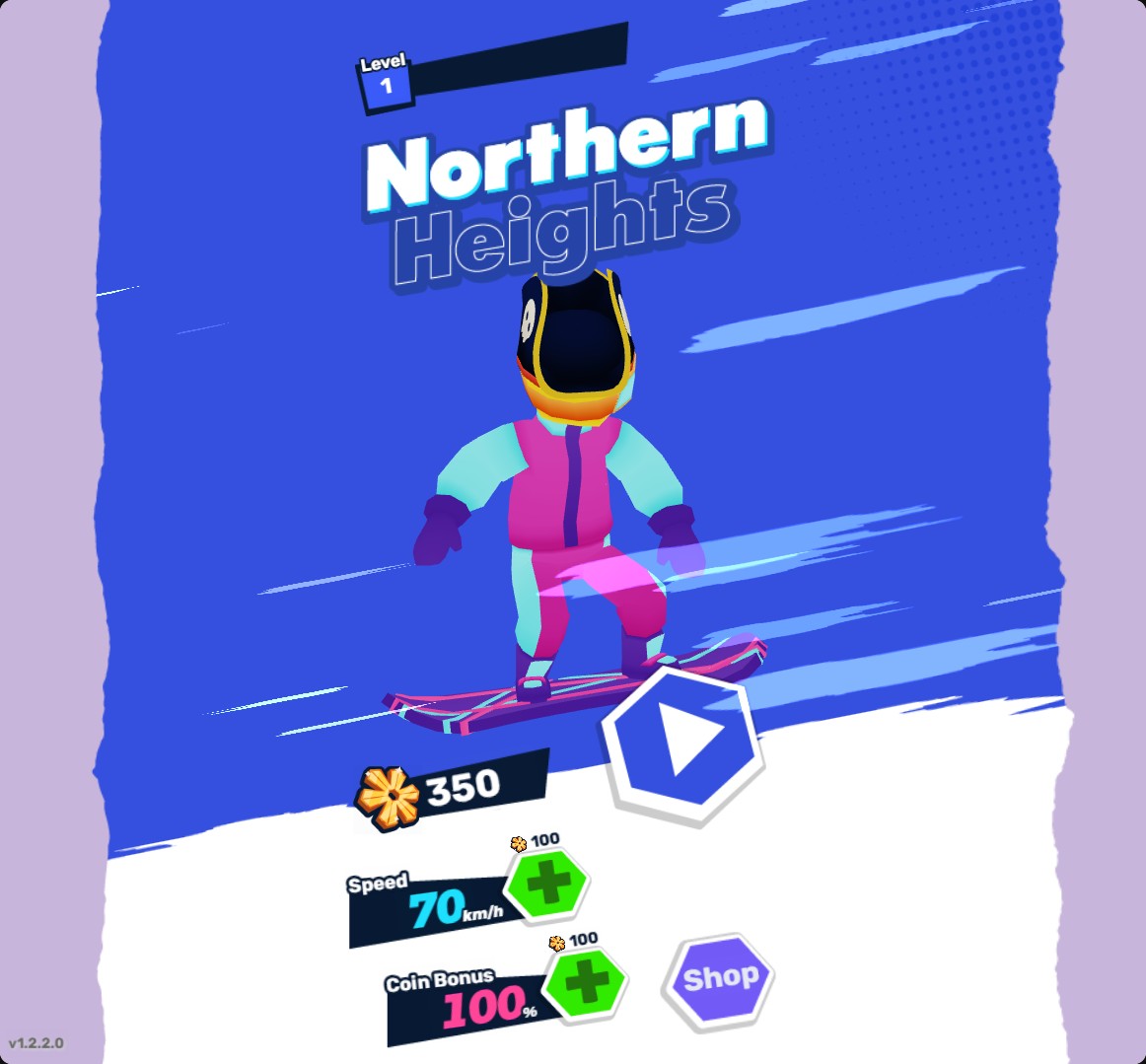 Northern Heights home screen showing the snowboarder wearing a pirate hat and a balance of 350 coins.