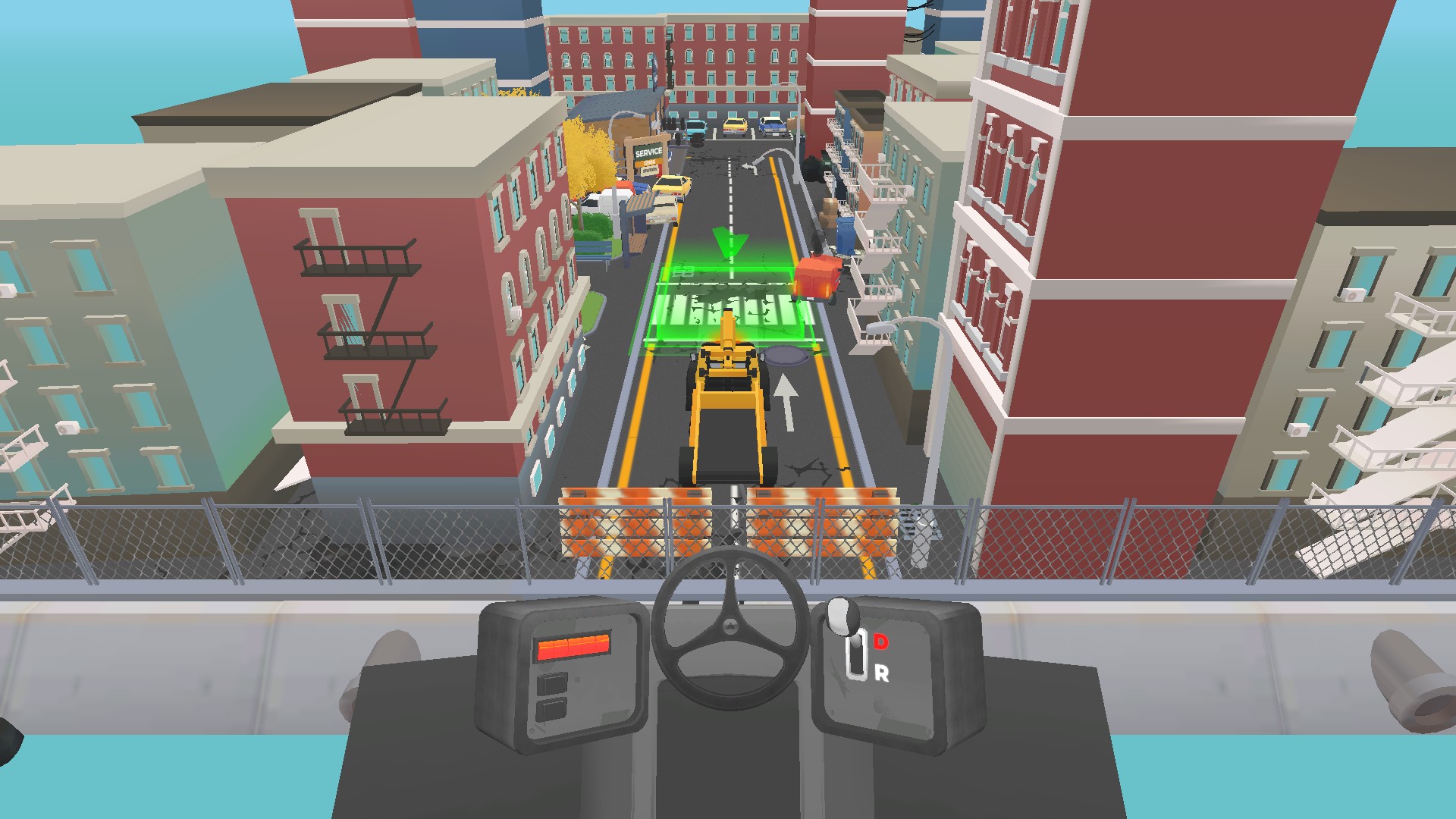 Vehicle Masters crane driving through a city toward a glowing green goal area