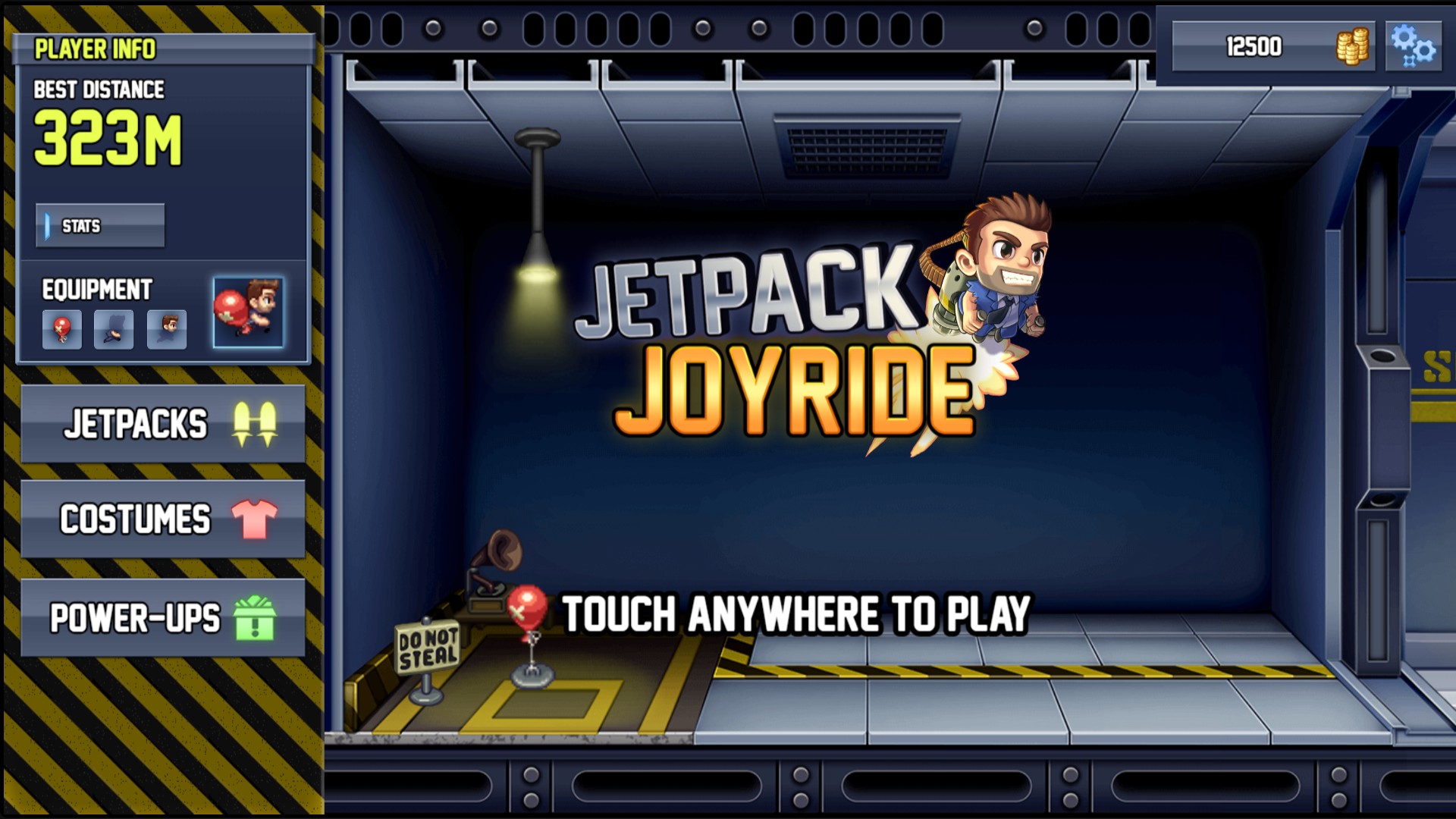 Jetpack Joyride showing the red DIY Jetpack equipped and 12500 coins remaining after a 7500 coin purchase.