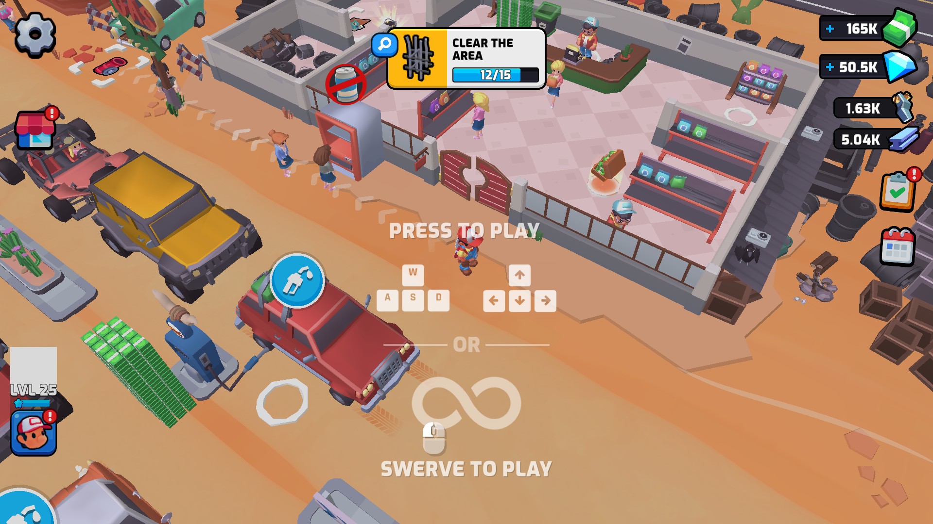 Gas Station: Junkyard Tycoon with 165K cash shown in the top-right corner.