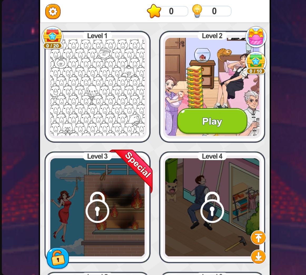 Level 2 has a green Play button, while Levels 3 and 4 remain locked.