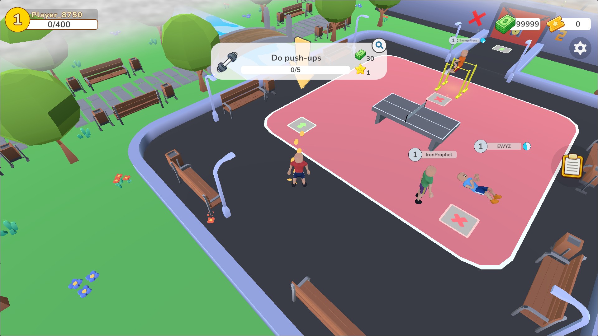 Gym Boss gameplay with a cash balance of99999 clearly displayed in the upper-right HUD.