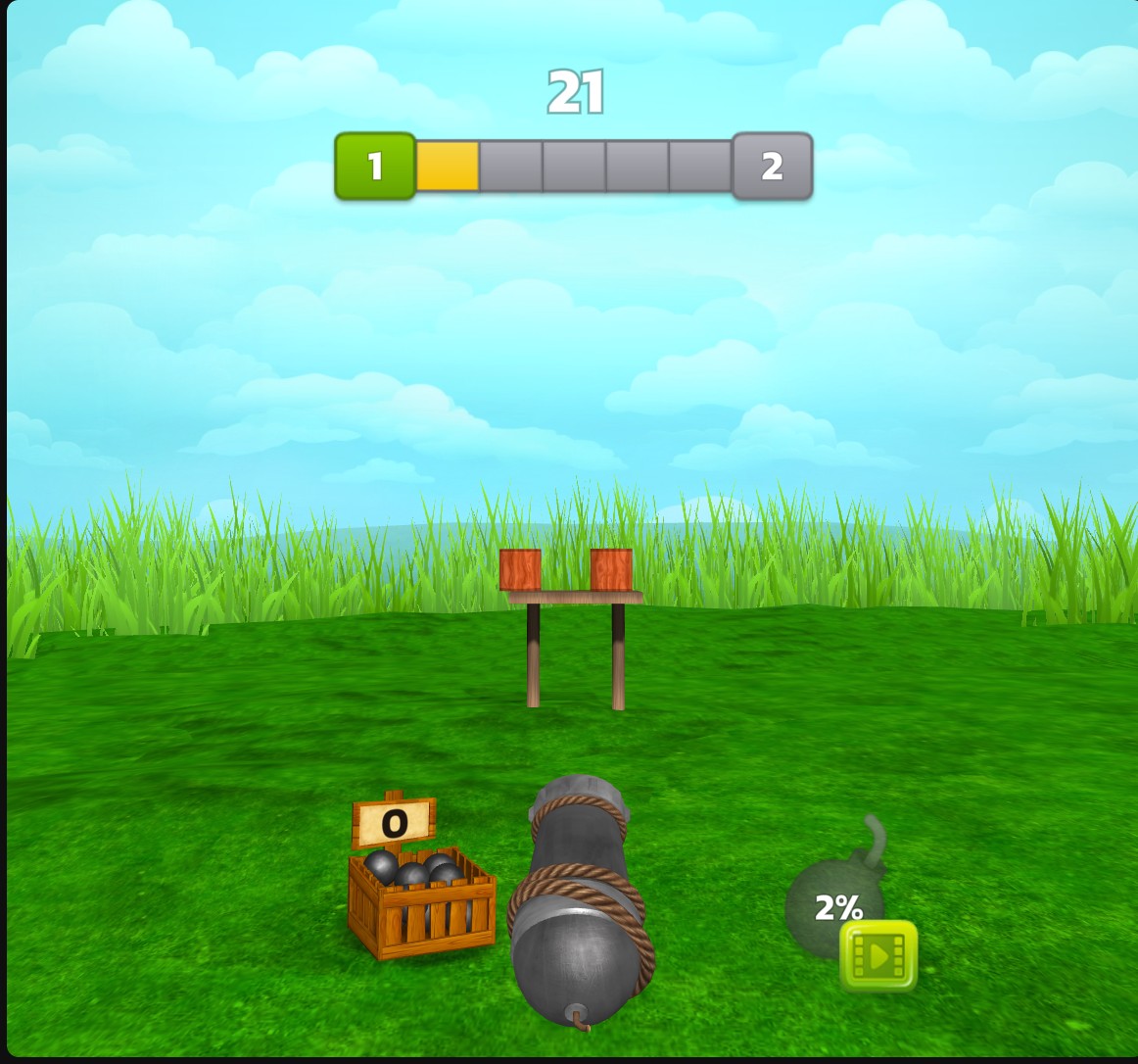 Cannon Balls 3D gameplay with zero regular shots, a score of 21 and two wooden blocks remaining after a reserve shot.