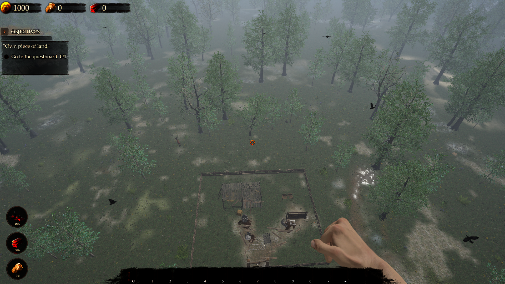 Castle Flipper viewed from high above the plot, looking down on its fenced boundary, building frame and surrounding trees with the HUD visible.