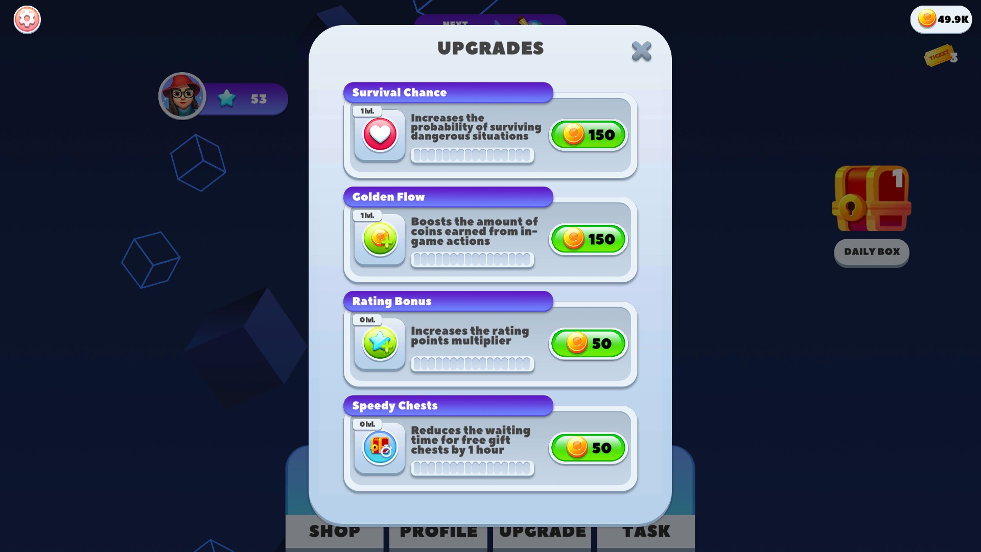 Upgrade menu showing Survival Chance at level 1 and a 49.9K coin balance.