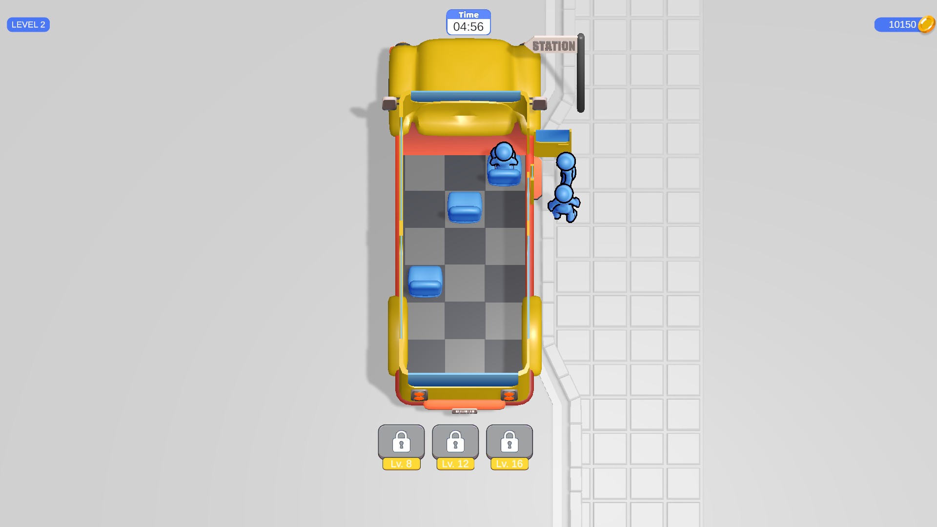 Seat Away level 2 with 4 minutes 56 seconds remaining on the timer above the bus.