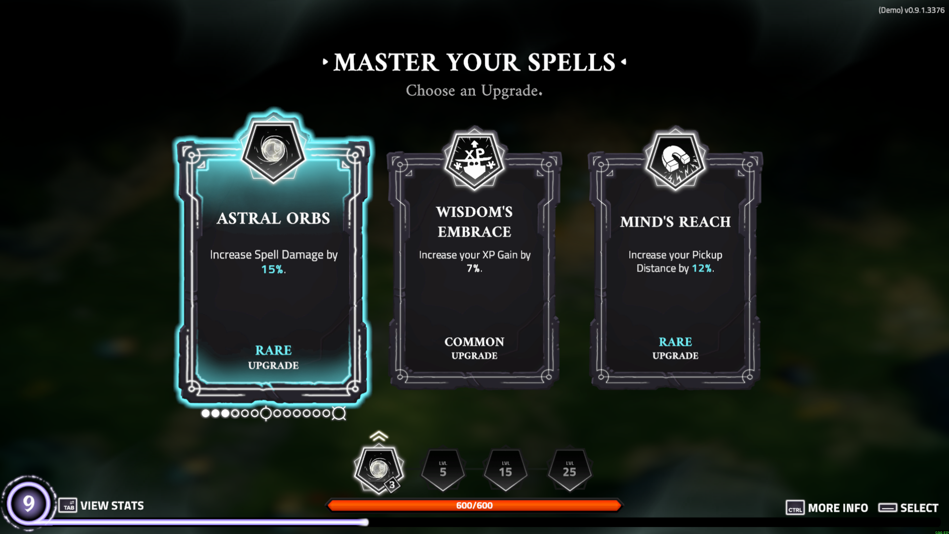 The Spell Brigade Demo upgrade screen with level 9 shown and three upgrade cards.