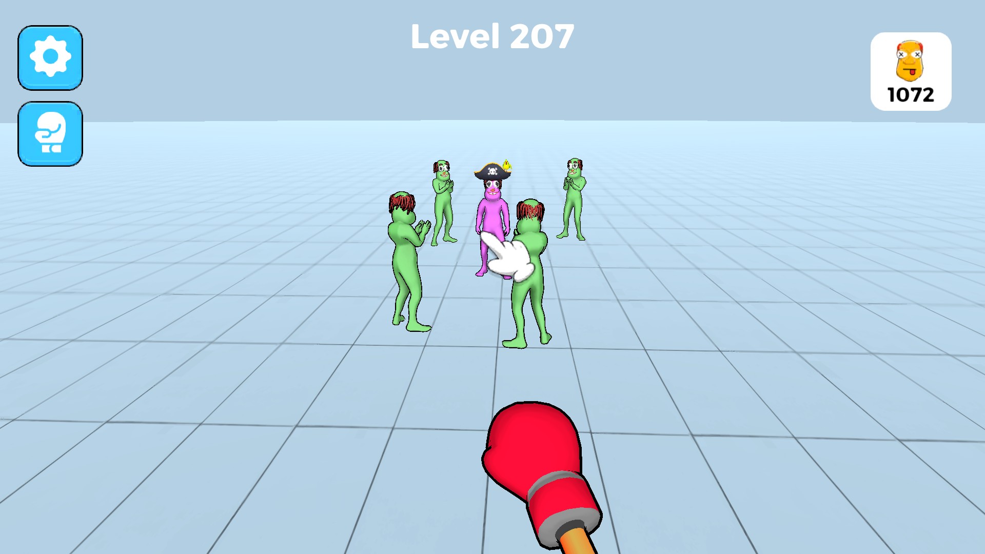 Pink target puppet wearing a Pirate hat with a parrot, surrounded by green puppets ahead of a boxing glove.
