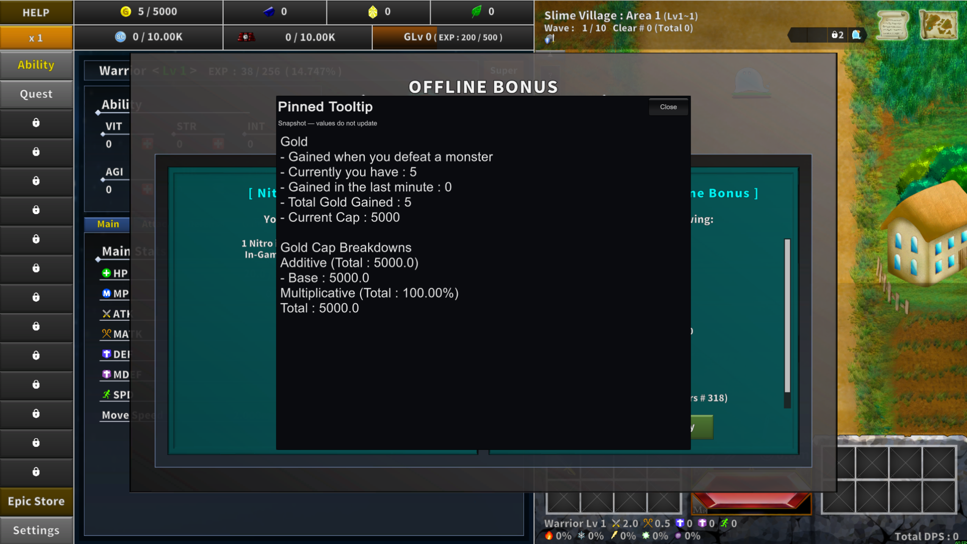 Pinned Tooltip panel showing a captured Gold description and capacity breakdown in large text over the game's offline bonus screen.