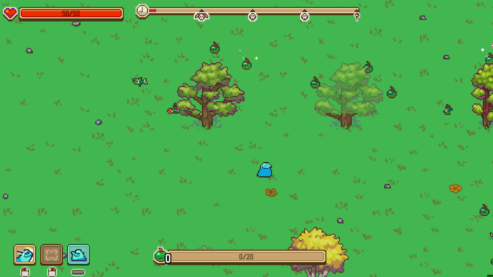 Everything is Crab player creature among grassland trees and food, with the health and evolution HUD visible.