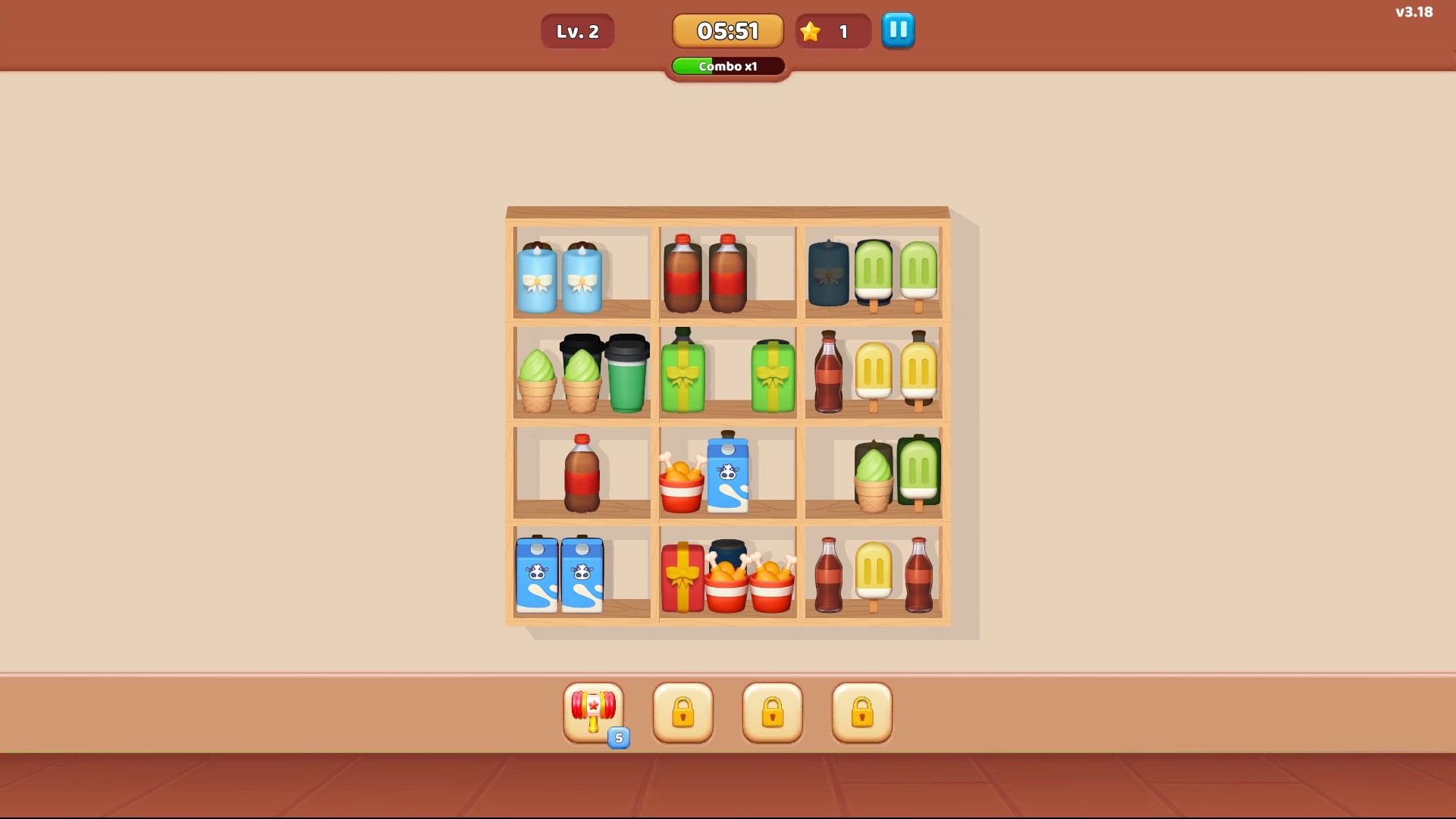 Level 2 shelf puzzle with 05:51 remaining on the timer.