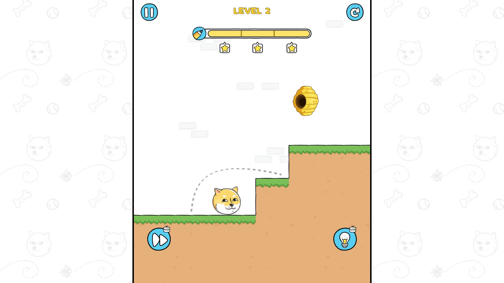 Doge Rescue Level 2 with a dotted curve above the dog and a hive on the upper step.