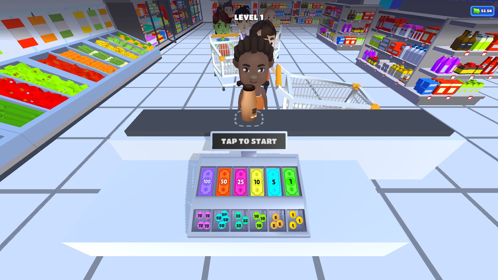 Hypermarket 3D: Store Cashier at the Level 1 scanning counter with a bottle ready to scan.