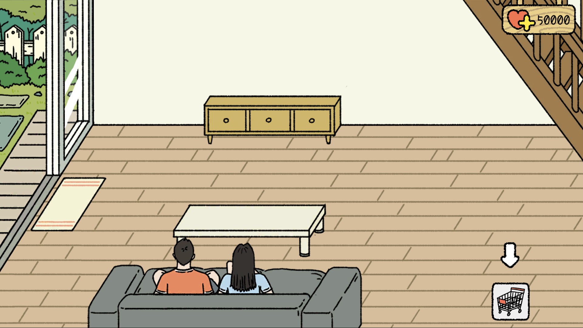 Adorable Home living room with the couple on the sofa and 50,000 Love shown in the top-right corner.