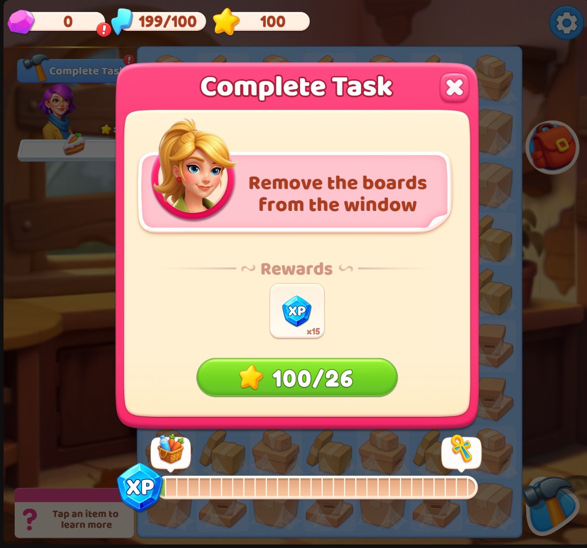 Merge Haven Complete Task dialog for removing window boards, with 100 stars available for a 26-star task.