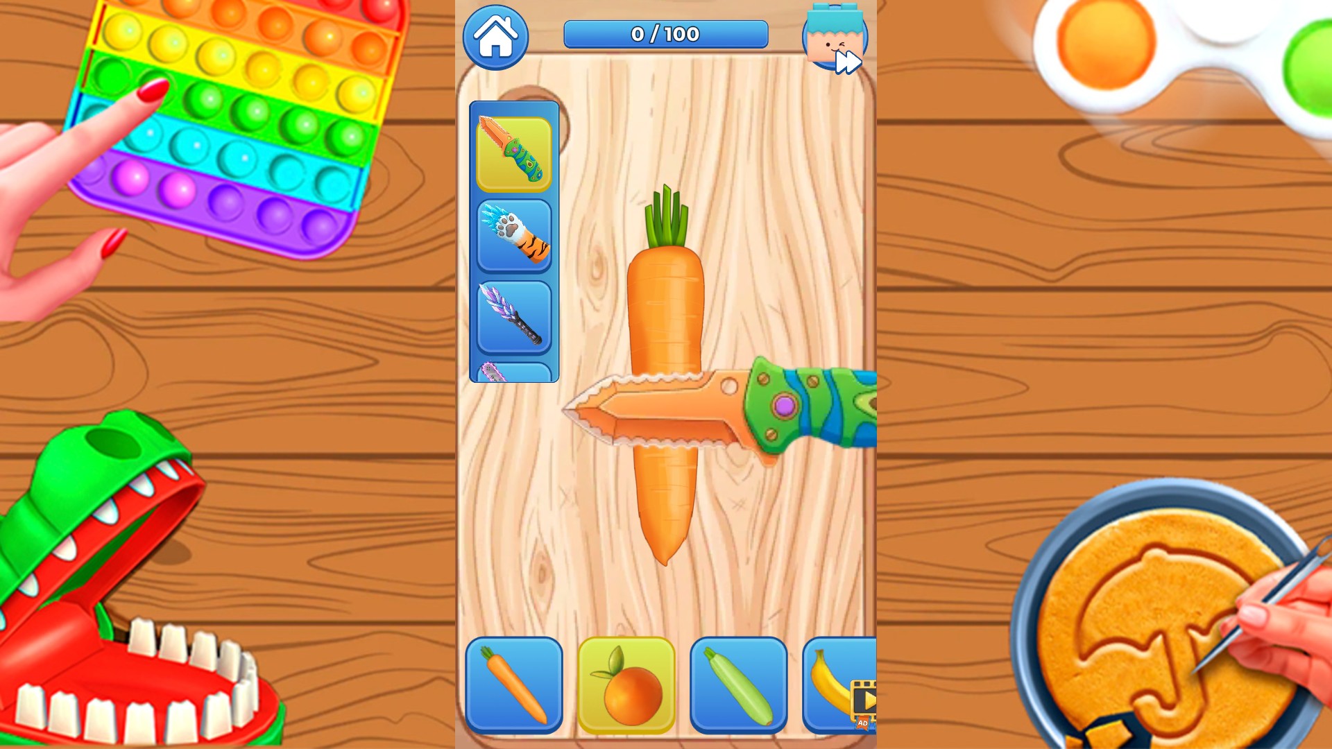 A carrot on the ASMR Cutting board beneath a colorful knife.